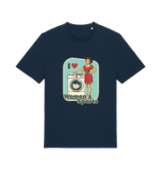 navy funny offensive t-shirt with the graphic of a retro housewife stood next to a washing machine and the slogan 'i love women's sports'