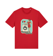 red funny offensive t-shirt with the graphic of a retro housewife stood next to a washing machine and the slogan 'i love women's sports'