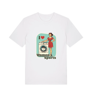 white funny offensive t-shirt with the graphic of a retro housewife stood next to a washing machine and the slogan 'i love women's sports'