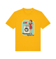 yellow funny offensive t-shirt with the graphic of a retro housewife stood next to a washing machine and the slogan 'i love women's sports'