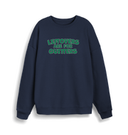 navy christmas sweater with the slogan 'leftovers are for quitters'