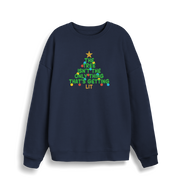 navy xmas sweater with the slogan 'the tree isn't the only thing that's getting lit'