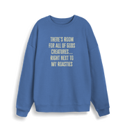blue christmas slogan sweater with 'there's room for all of gods creatures right next to my roasties'