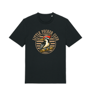 Black funny offensive t-shirt with 'Little Pecker Club' graphic featuring a woodpecker 