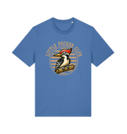blue funny offensive t-shirt with 'Little Pecker Club' graphic featuring a woodpecker 