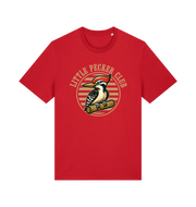red funny offensive t-shirt with 'Little Pecker Club' graphic featuring a woodpecker 