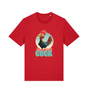red funny offensive t-shirt with the graphic of a rooster and the slogan 'magnificent cock'