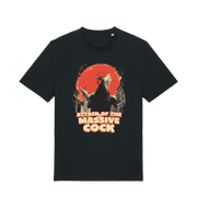 black funny animal t-shirt with the graphic of a rooster and the slogan 'attack of the massive cock'