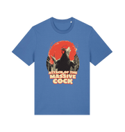 blue funny animal t-shirt with the graphic of a rooster and the slogan 'attack of the massive cock'