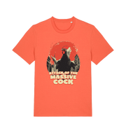orange funny animal t-shirt with the graphic of a rooster and the slogan 'attack of the massive cock'