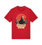 red funny animal t-shirt with the graphic of a rooster and the slogan 'attack of the massive cock'