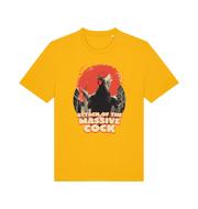 yellow funny animal t-shirt with the graphic of a rooster and the slogan 'attack of the massive cock'