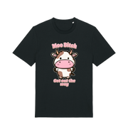 black kawaii t-shirt with the graphic of a cute cow and the slogan 'moo bitch get out the way'