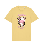 yellow kawaii t-shirt with the graphic of a cute cow and the slogan 'moo bitch get out the way'