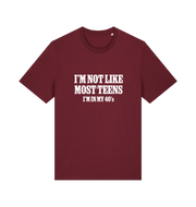 burgundy funny slogan t-shirt with 'i'm not like most teens im in my 40's'