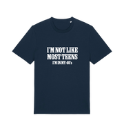 navy funny slogan t-shirt with 'i'm not like most teens im in my 40's'