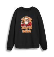 black xmas sweater with the graphic of santa drinking a beer and the slogan 'it's the most wonderful time for a beer'
