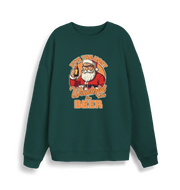 green xmas sweater with the graphic of santa drinking a beer and the slogan 'it's the most wonderful time for a beer'