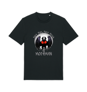 black gaming t-shirt with the graphic of a mothman and the slogan 'part man, part moth, all mothman'