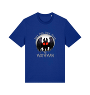 blue gaming t-shirt with the graphic of a mothman and the slogan 'part man, part moth, all mothman'