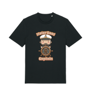 Black kawaii t-shirt with a cartoon character of a captain and the slogan 'Motor Boat Captain' 