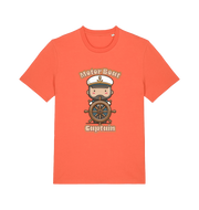 orange kawaii t-shirt with a cartoon character of a captain and the slogan 'Motor Boat Captain' 