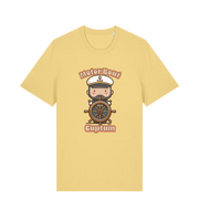 yellow kawaii t-shirt with a cartoon character of a captain and the slogan 'Motor Boat Captain' 