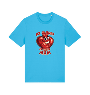 blue funny offensive t-shirt with the graphic of a heart and the slogan 'my cardio is your mum'