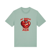 mint green funny offensive t-shirt with the graphic of a heart and the slogan 'my cardio is your mum'