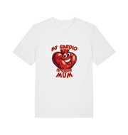 white funny offensive t-shirt with the graphic of a heart and the slogan 'my cardio is your mum'