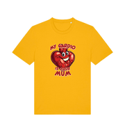 yellow funny offensive t-shirt with the graphic of a heart and the slogan 'my cardio is your mum'
