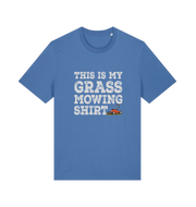 blue slogan t-shirt with the graphic of a lawn mower and the slogan 'this is my grass mowing shirt'