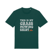 green slogan t-shirt with the graphic of a lawn mower and the slogan 'this is my grass mowing shirt'