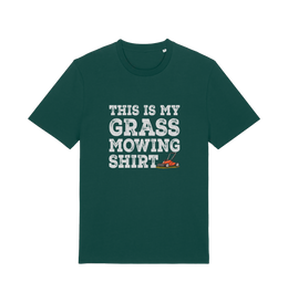 green slogan t-shirt with the graphic of a lawn mower and the slogan 'this is my grass mowing shirt'