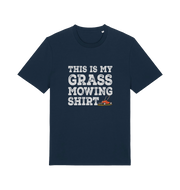 navy slogan t-shirt with the graphic of a lawn mower and the slogan 'this is my grass mowing shirt'