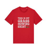red slogan t-shirt with the graphic of a lawn mower and the slogan 'this is my grass mowing shirt'