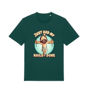 green funny jesus t-shirt with the graphic of a cartoon jesus on the cross and the slogan 'just had my nails done'