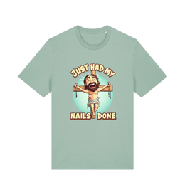 mint green funny jesus t-shirt with the graphic of a cartoon jesus on the cross and the slogan 'just had my nails done'
