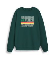 green christmas sweater with a retro design and the slogan 'nakatomi plaza hotel and convention centre'
