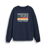 navy christmas sweater with a retro design and the slogan 'nakatomi plaza hotel and convention centre'
