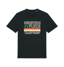 black christmas t-shirt with a retro design and the slogan 'nakatomi plaza hotel and convention centre'