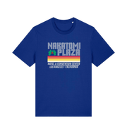 blue christmas t-shirt with a retro design and the slogan 'nakatomi plaza hotel and convention centre'