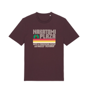 red brown christmas t-shirt with a retro design and the slogan 'nakatomi plaza hotel and convention centre'