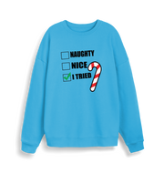 blue christmas sweater with the slogan 'naughty nice i tried'
