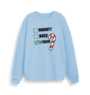 light blue christmas sweater with the slogan 'naughty nice i tried'