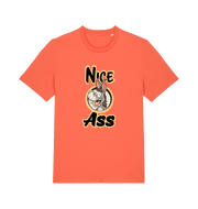 orange funny offensive t-shirt with the graphic of a donkey and the slogan 'nice ass'