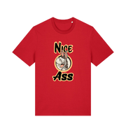 red funny offensive t-shirt with the graphic of a donkey and the slogan 'nice ass'