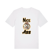 white funny offensive t-shirt with the graphic of a donkey and the slogan 'nice ass'
