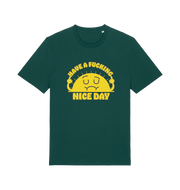 green funny t-shirt with the graphic of a sunshine and the slogan 'have a nice fucking day'