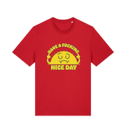 red funny t-shirt with the graphic of a sunshine and the slogan 'have a nice fucking day'
